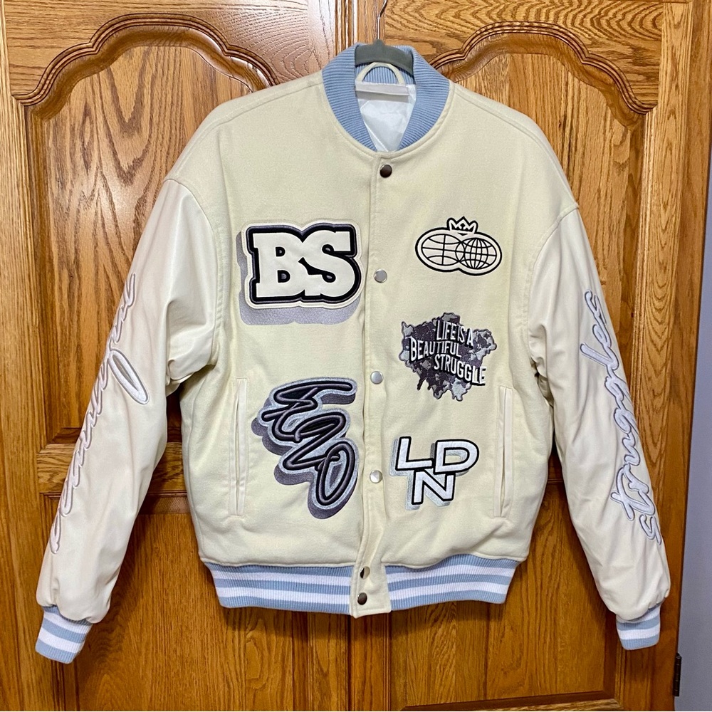 London Lions‎ x Beautiful Struggles LDN Euro Varsity Jacket Cream Grey Mens S